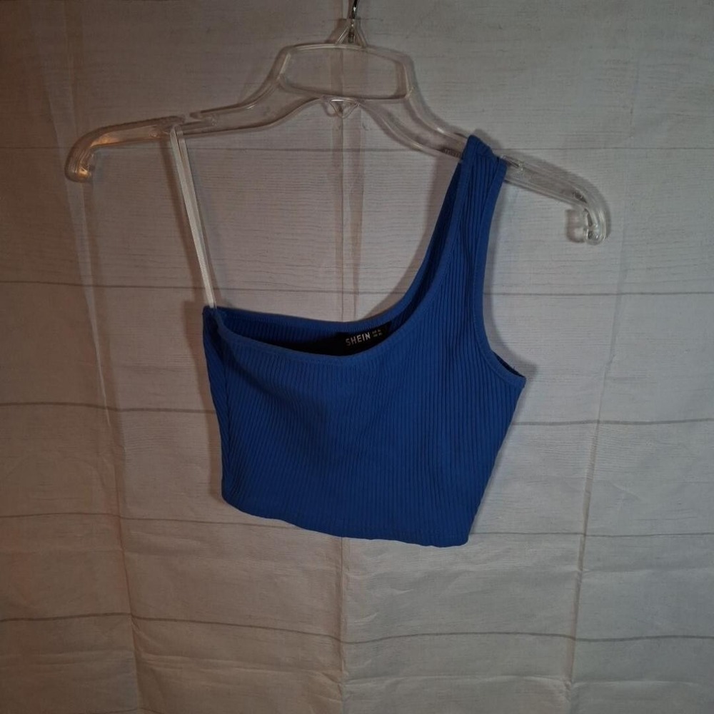 Shein Blue Ribbed Crop Top One Shoulder Wide Strap Yoga Size XS